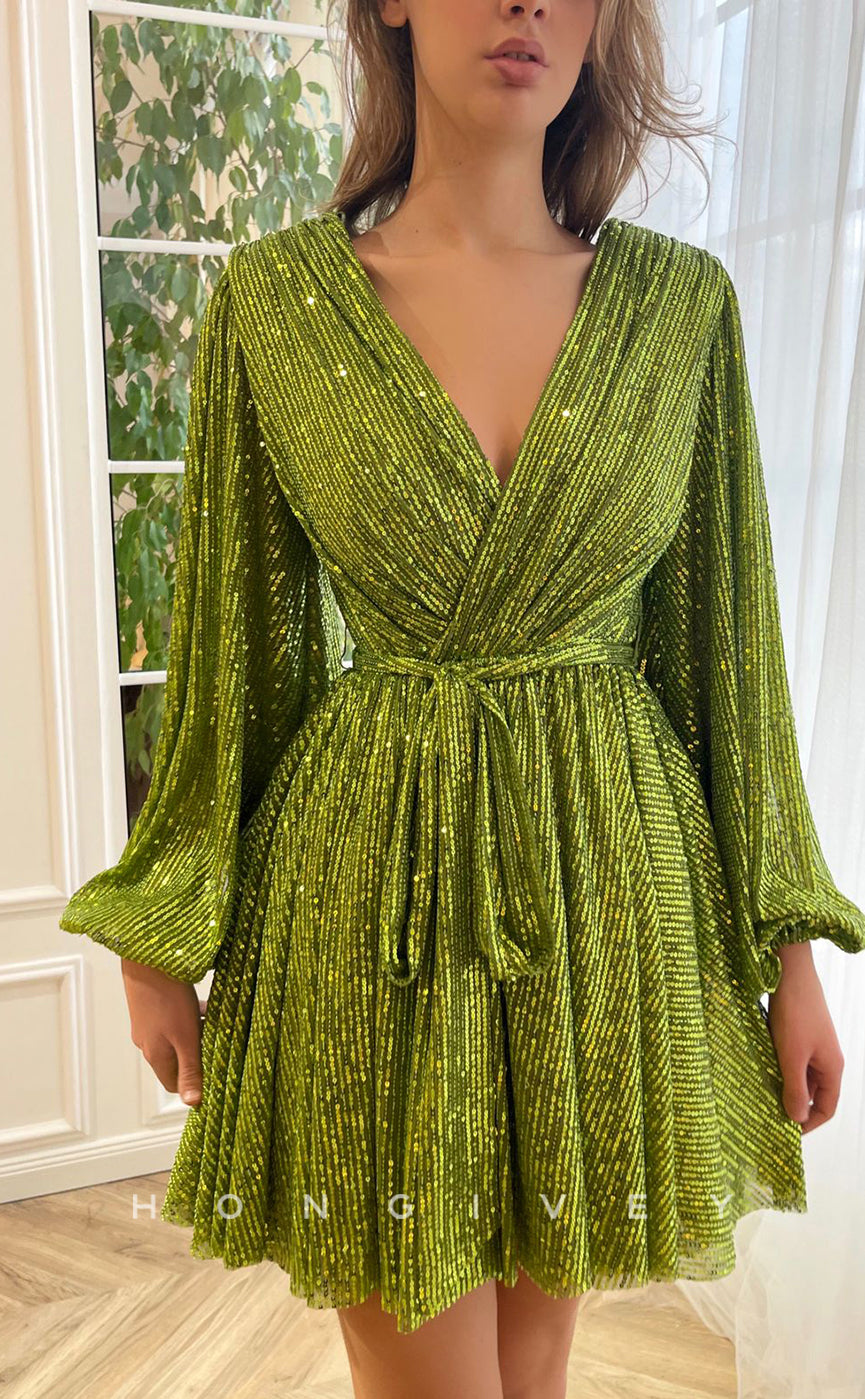 H1719 - Sheer Fully Sequined V-Neck Long Sleeves Belt Short Graduation Party Homecoming Dress - Fashionpara
