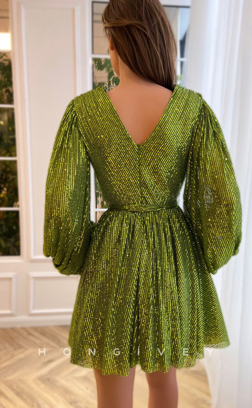 H1719 - Sheer Fully Sequined V-Neck Long Sleeves Belt Short Graduation Party Homecoming Dress - Fashionpara