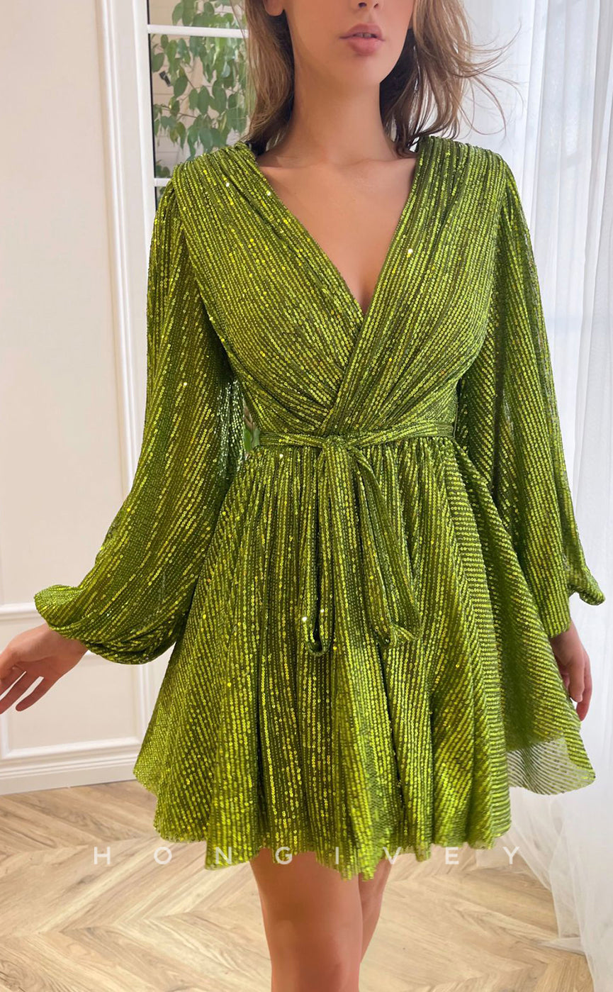 H1719 - Sheer Fully Sequined V-Neck Long Sleeves Belt Short Graduation Party Homecoming Dress - Fashionpara