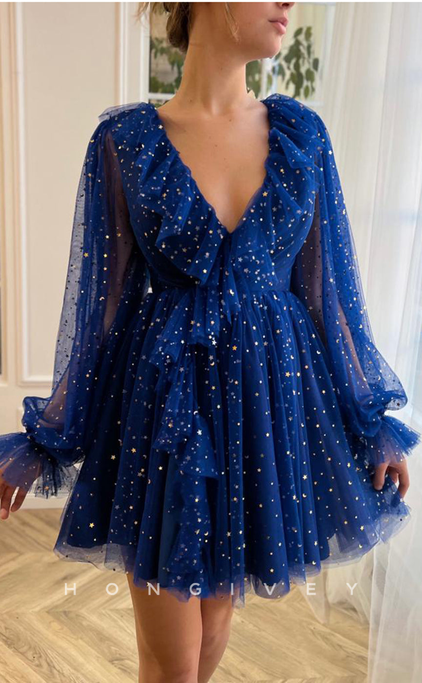 H1720 - Sheer Fully Glitter applique V-Neck Long Sleeves Ruffled Short Graduation Party Homecoming Dress - Fashionpara