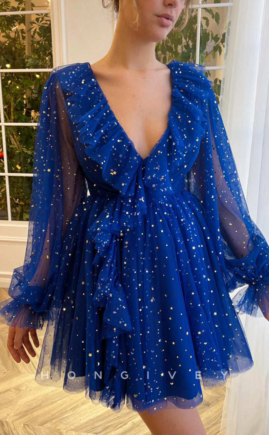 H1720 - Sheer Fully Glitter applique V-Neck Long Sleeves Ruffled Short Graduation Party Homecoming Dress - Fashionpara