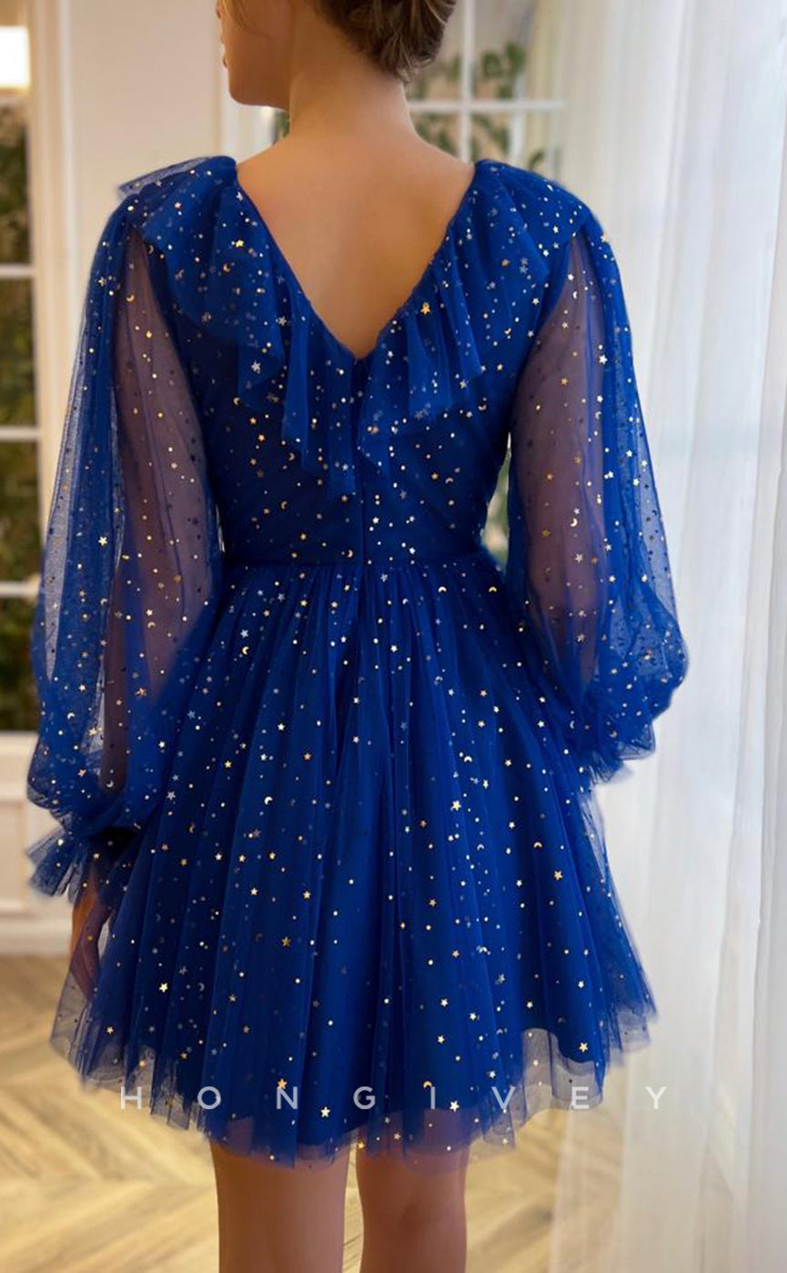 H1720 - Sheer Fully Glitter applique V-Neck Long Sleeves Ruffled Short Graduation Party Homecoming Dress - Fashionpara