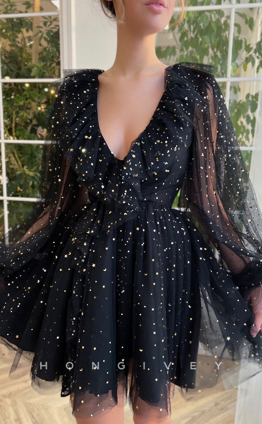 H1720 - Sheer Fully Glitter applique V-Neck Long Sleeves Ruffled Short Graduation Party Homecoming Dress - Fashionpara