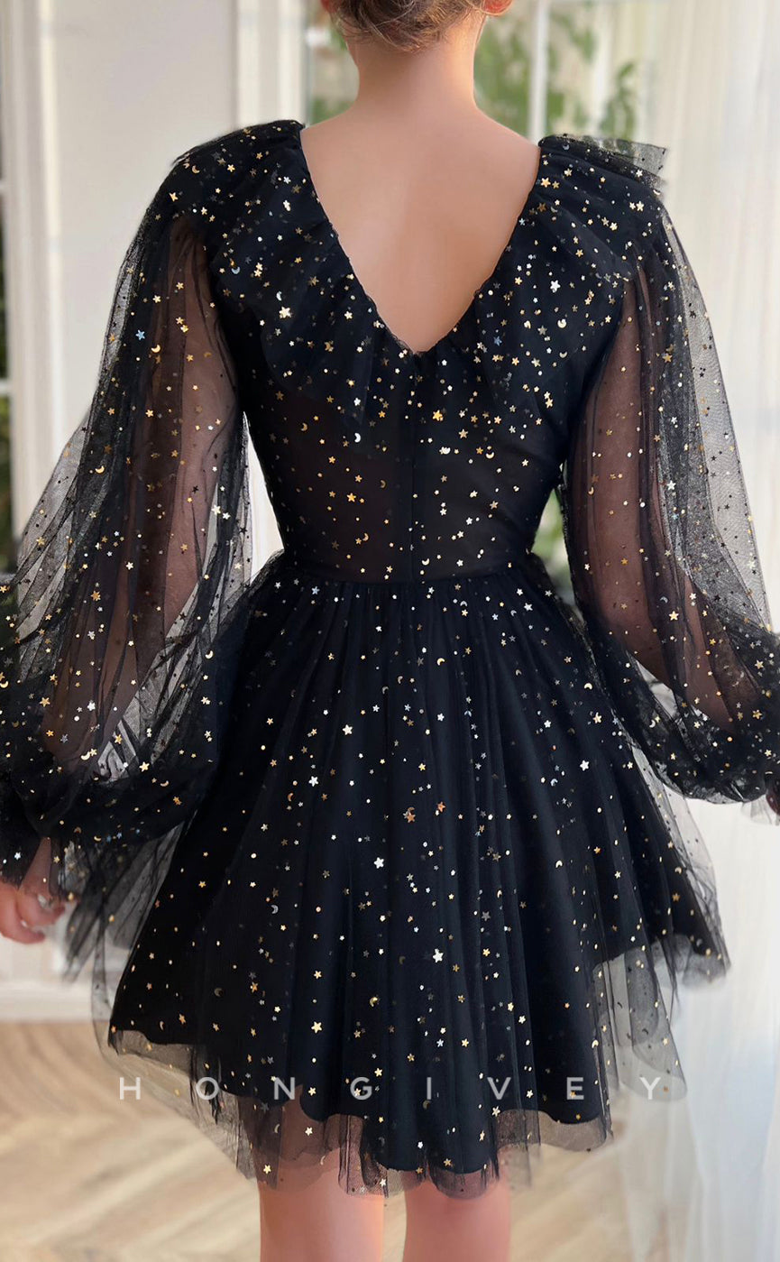 H1720 - Sheer Fully Glitter applique V-Neck Long Sleeves Ruffled Short Graduation Party Homecoming Dress - Fashionpara