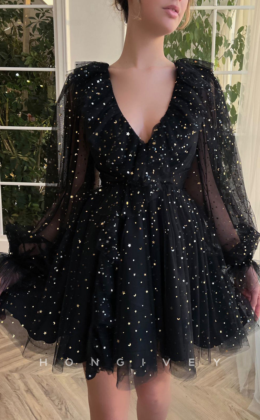 H1720 - Sheer Fully Glitter applique V-Neck Long Sleeves Ruffled Short Graduation Party Homecoming Dress - Fashionpara