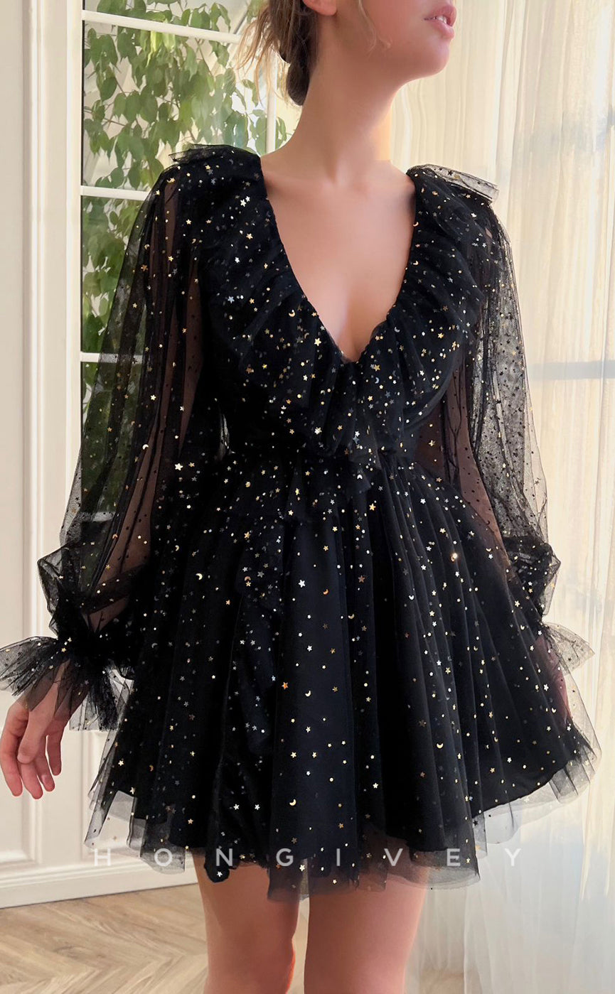 H1720 - Sheer Fully Glitter applique V-Neck Long Sleeves Ruffled Short Graduation Party Homecoming Dress - Fashionpara