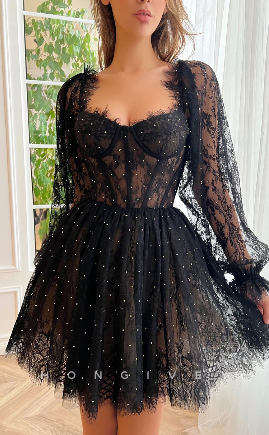 H1721 - Illusion Fully Lace Rhinestone Long Sleeves Strappy Short Graduation Party Homecoming Dress - Fashionpara