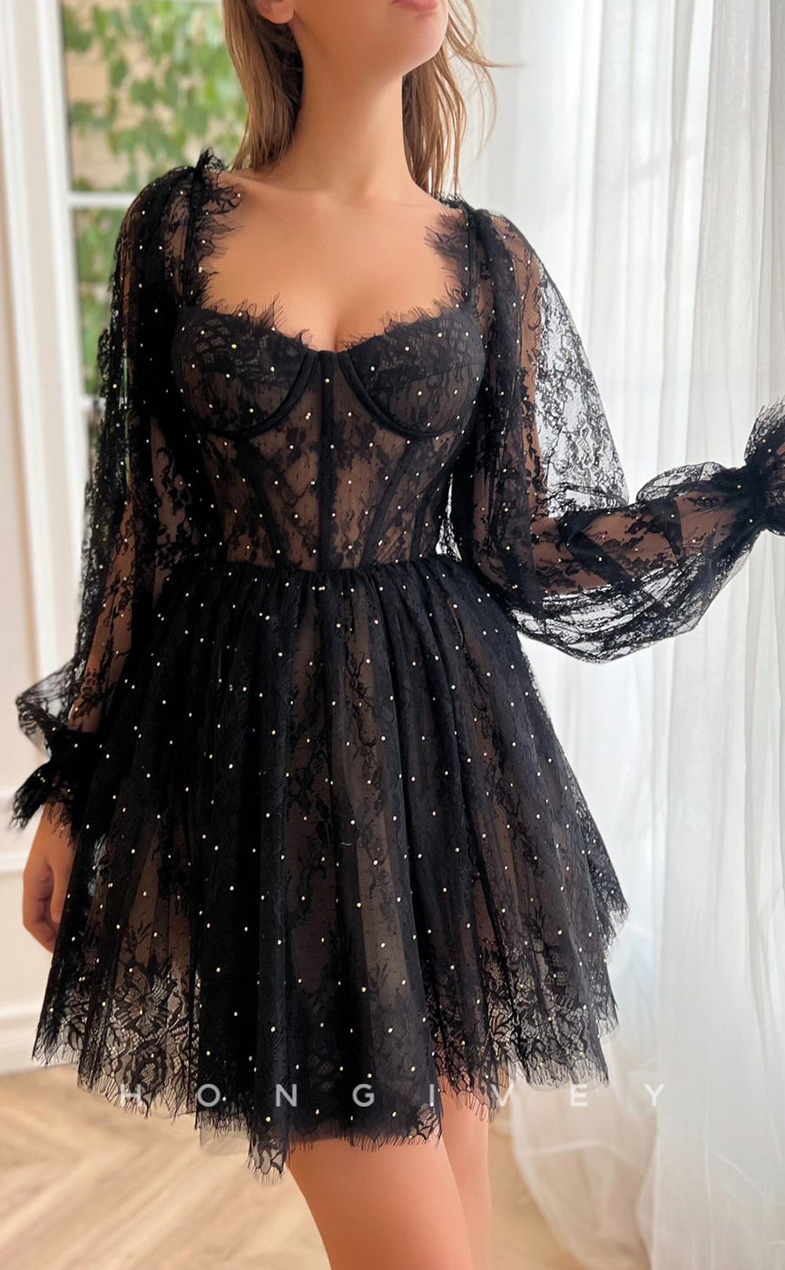H1721 - Illusion Fully Lace Rhinestone Long Sleeves Strappy Short Graduation Party Homecoming Dress - Fashionpara