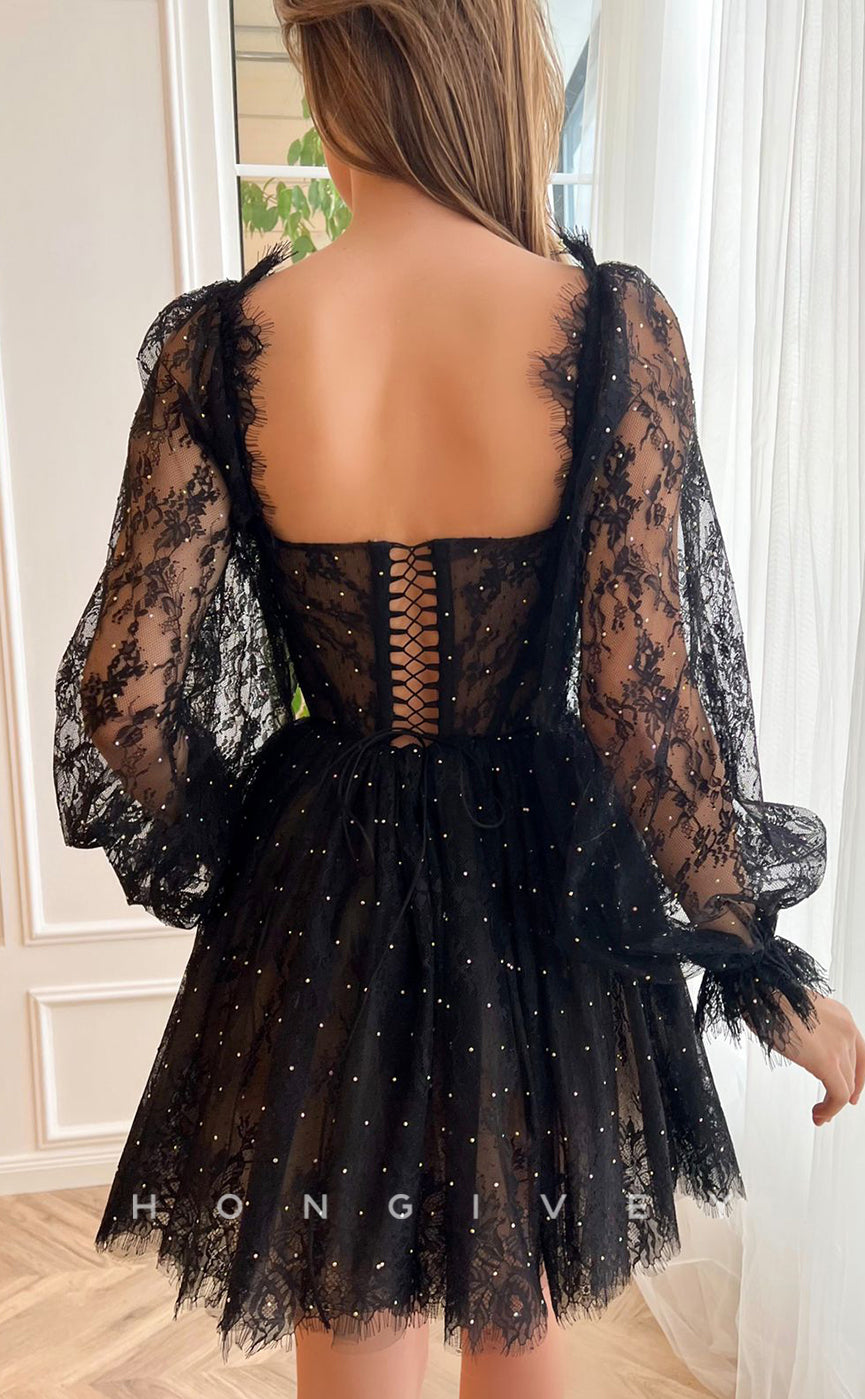 H1721 - Illusion Fully Lace Rhinestone Long Sleeves Strappy Short Graduation Party Homecoming Dress - Fashionpara