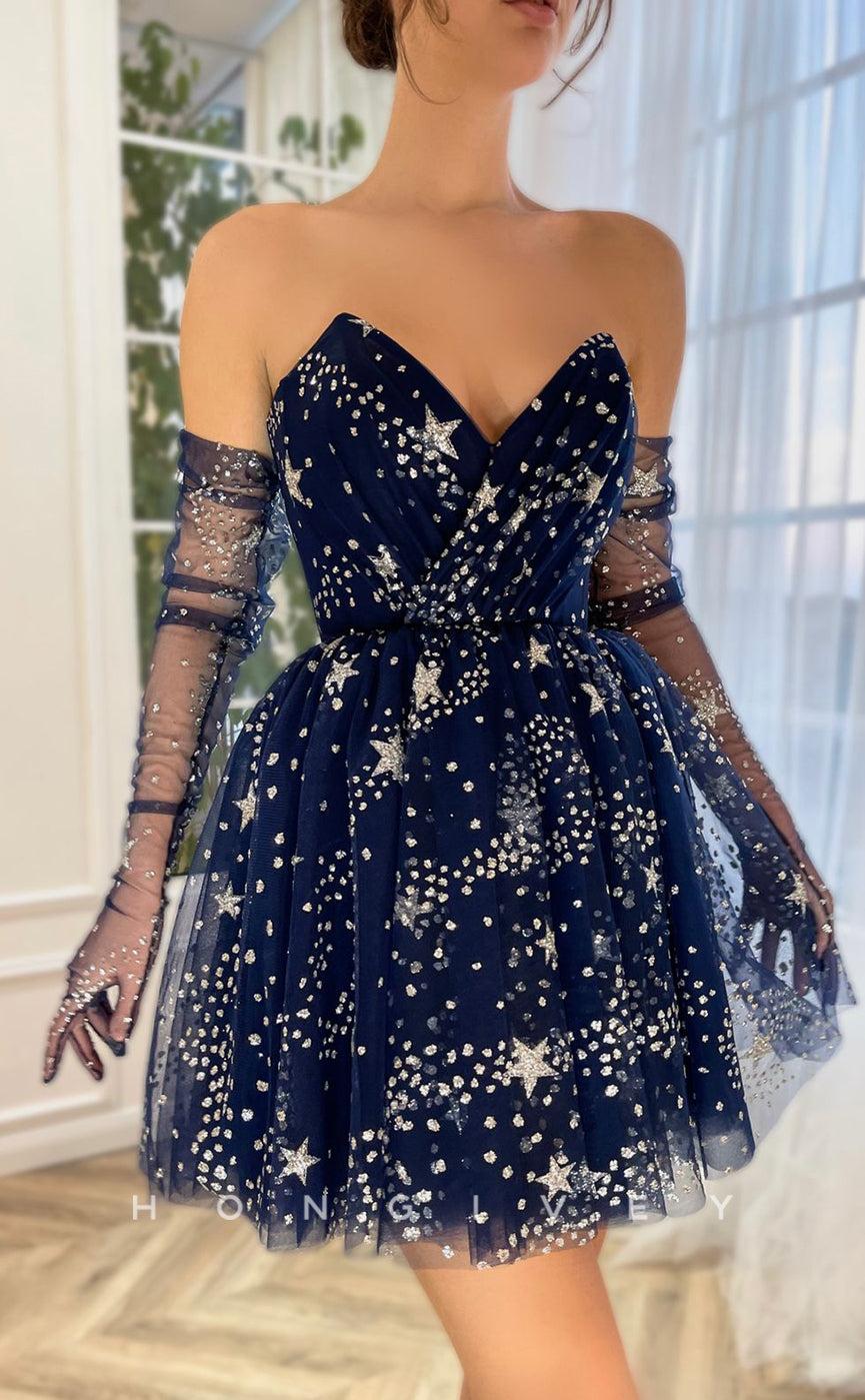 H1722 - Illusion  off shoulder long gloves Fully Glitter Print Short Graduation Party Homecoming Dress - Fashionpara