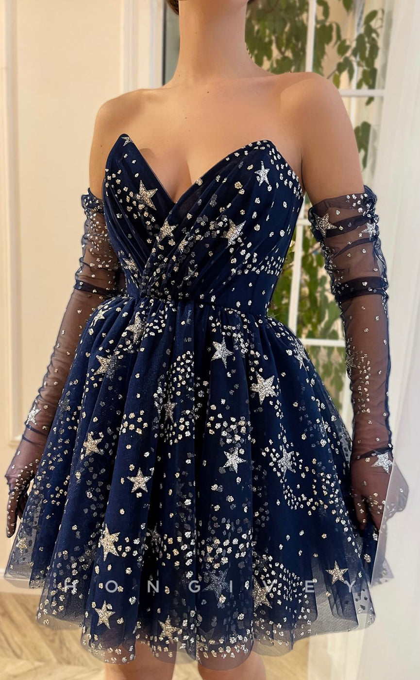 H1722 - Illusion  off shoulder long gloves Fully Glitter Print Short Graduation Party Homecoming Dress - Fashionpara