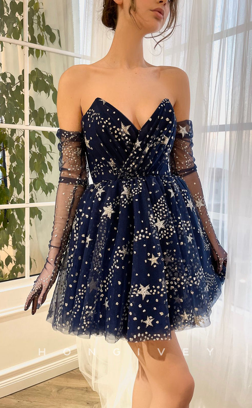 H1722 - Illusion  off shoulder long gloves Fully Glitter Print Short Graduation Party Homecoming Dress - Fashionpara