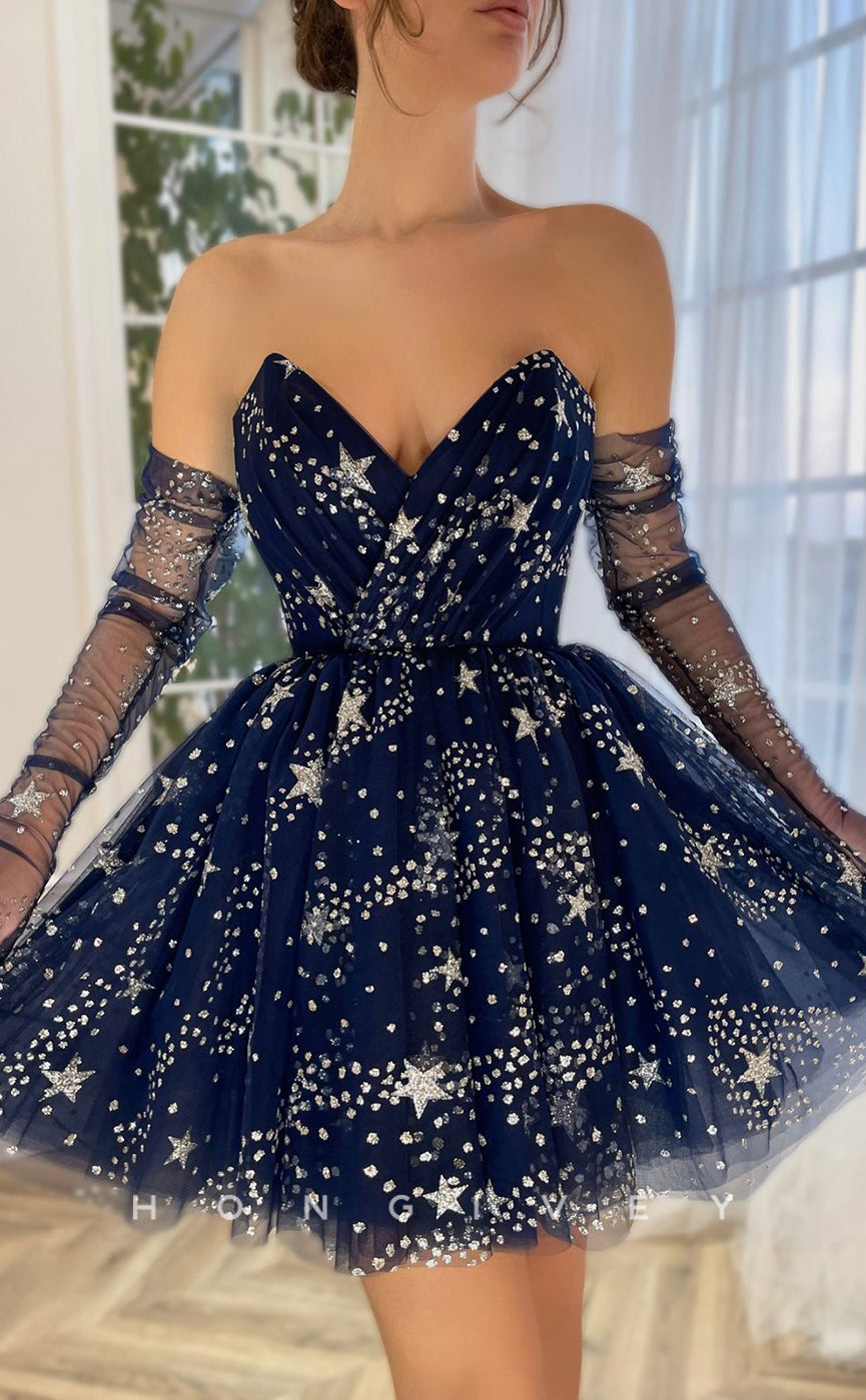 H1722 - Illusion  off shoulder long gloves Fully Glitter Print Short Graduation Party Homecoming Dress - Fashionpara