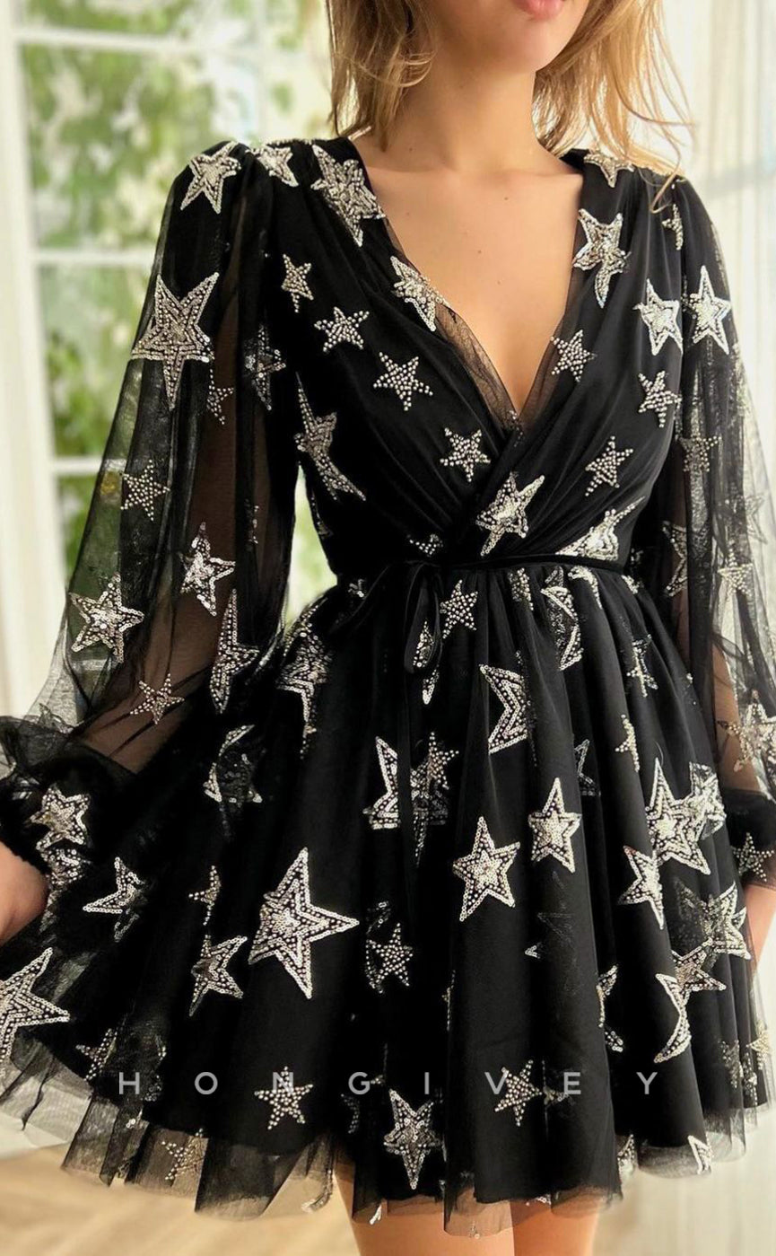 H1723 - Illusion Star Shape Rhinestone Applique Short Party Homecoming Graduation Dress - Fashionpara