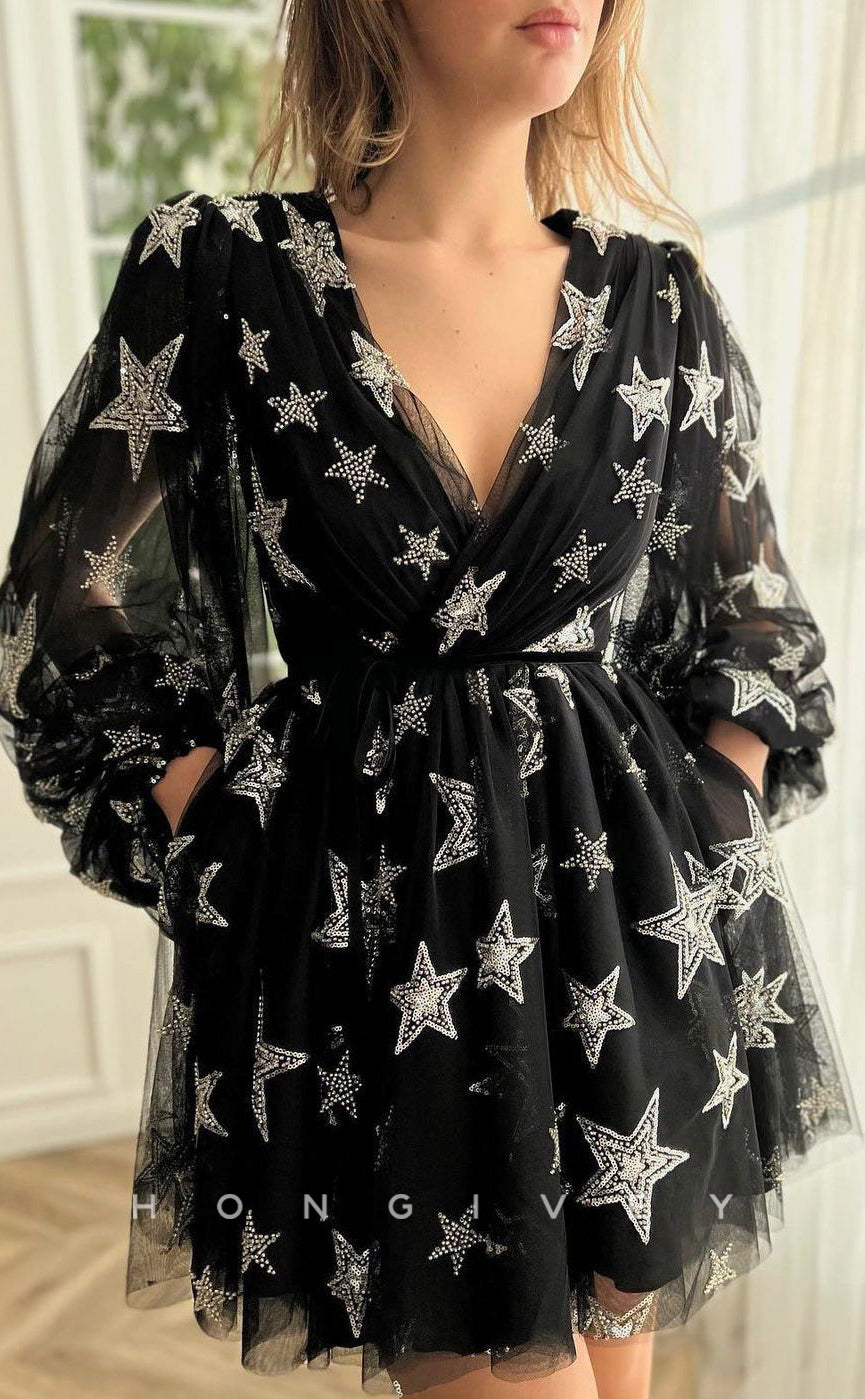 H1723 - Illusion Star Shape Rhinestone Applique Short Party Homecoming Graduation Dress - Fashionpara