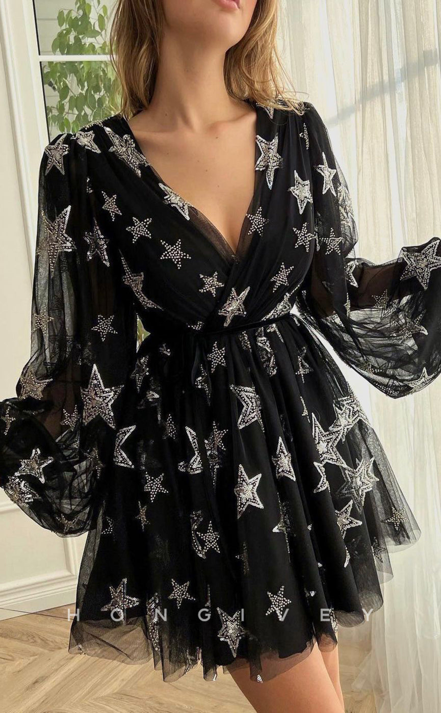 H1723 - Illusion Star Shape Rhinestone Applique Short Party Homecoming Graduation Dress - Fashionpara