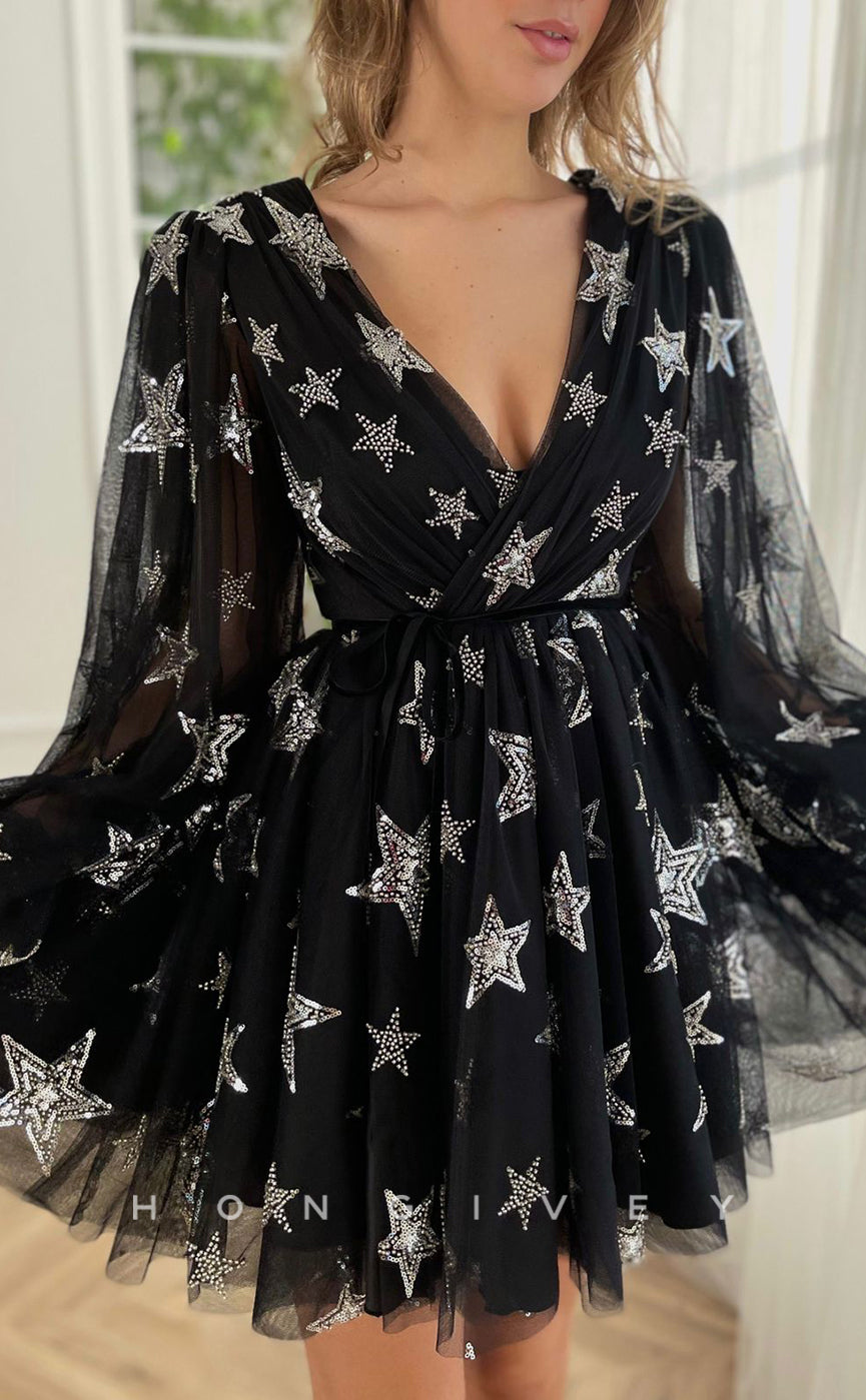 H1723 - Illusion Star Shape Rhinestone Applique Short Party Homecoming Graduation Dress - Fashionpara