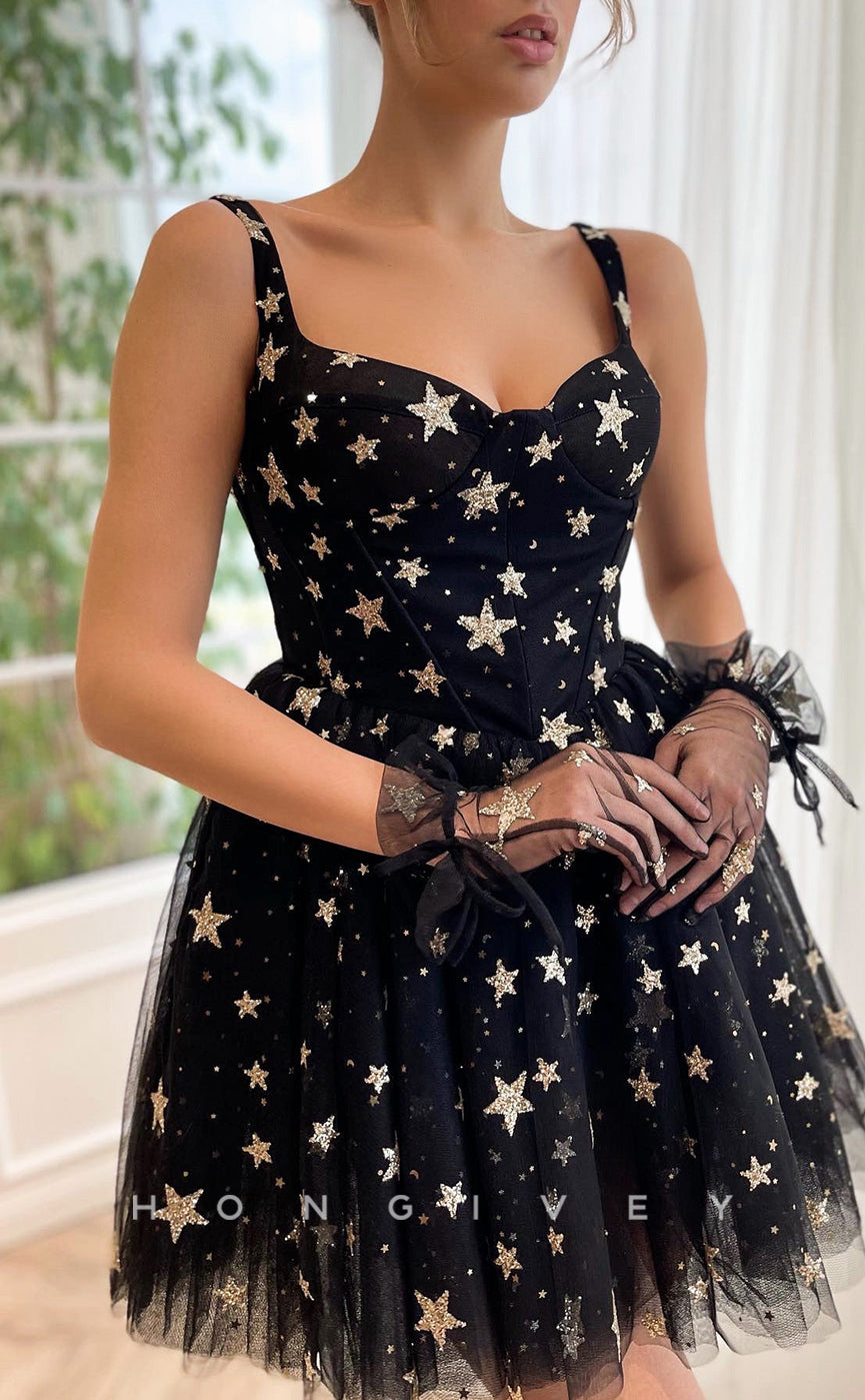 H1724 - Illusion Star Shape Glitter Print See-Through Gloves Short Graduation Party Homecoming Dress - Fashionpara