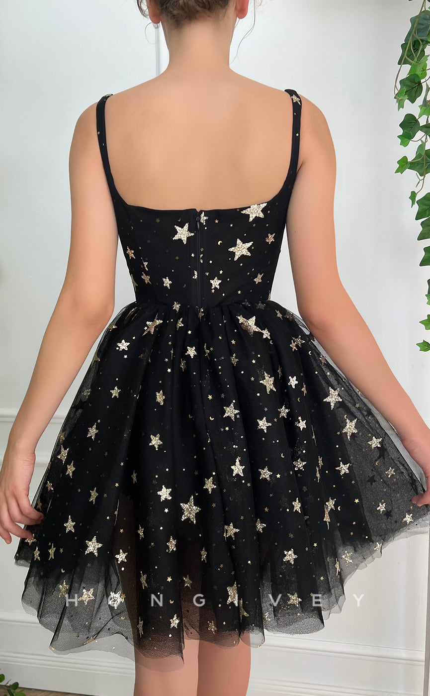 H1724 - Illusion Star Shape Glitter Print See-Through Gloves Short Graduation Party Homecoming Dress - Fashionpara