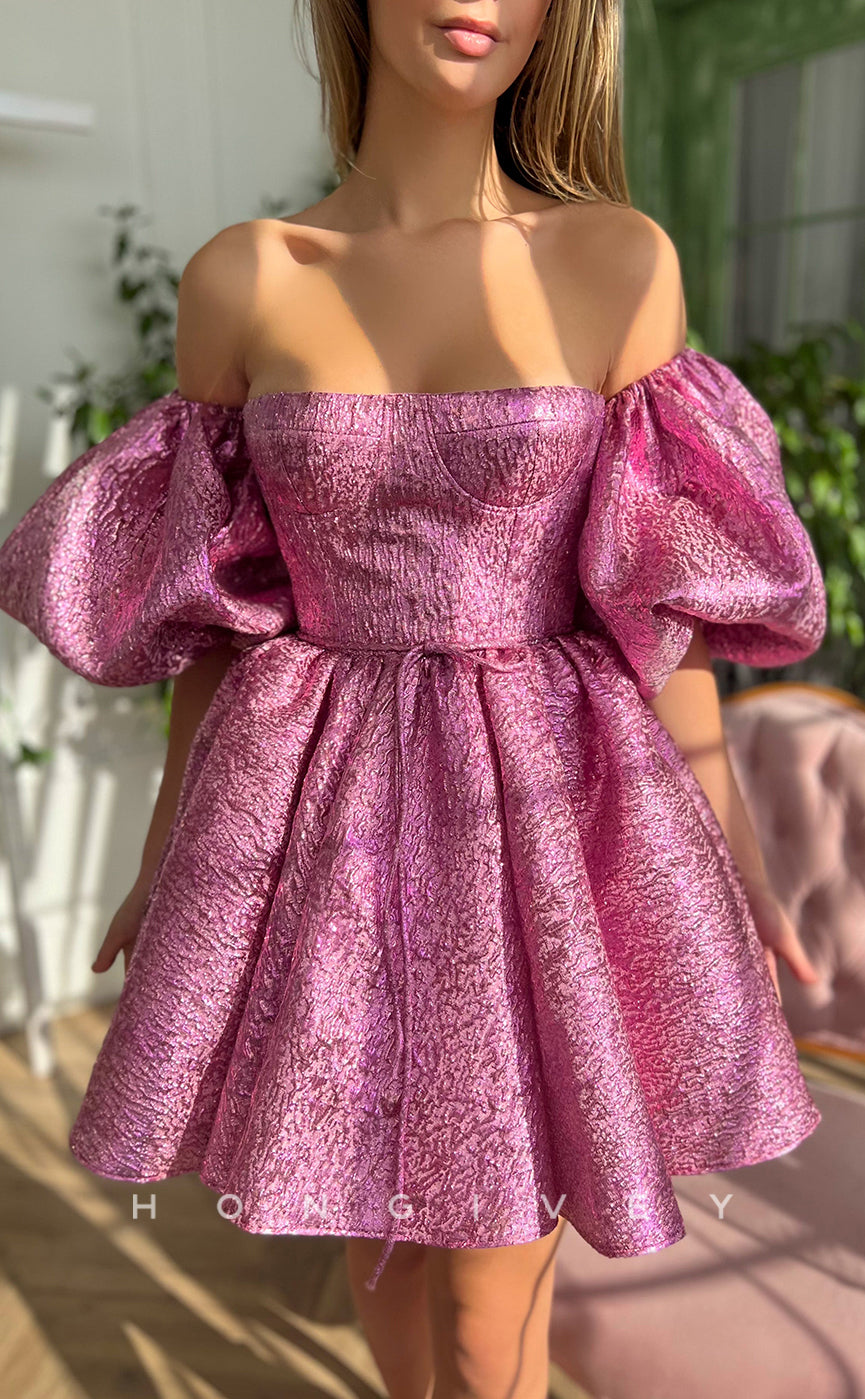 H1725 - Sweet Shiny Puff Sleeves Belt Short Graduation Party Homecoming Dress - Fashionpara