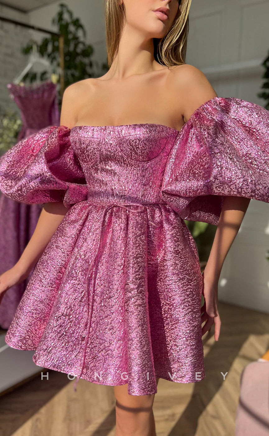 H1725 - Sweet Shiny Puff Sleeves Belt Short Graduation Party Homecoming Dress - Fashionpara