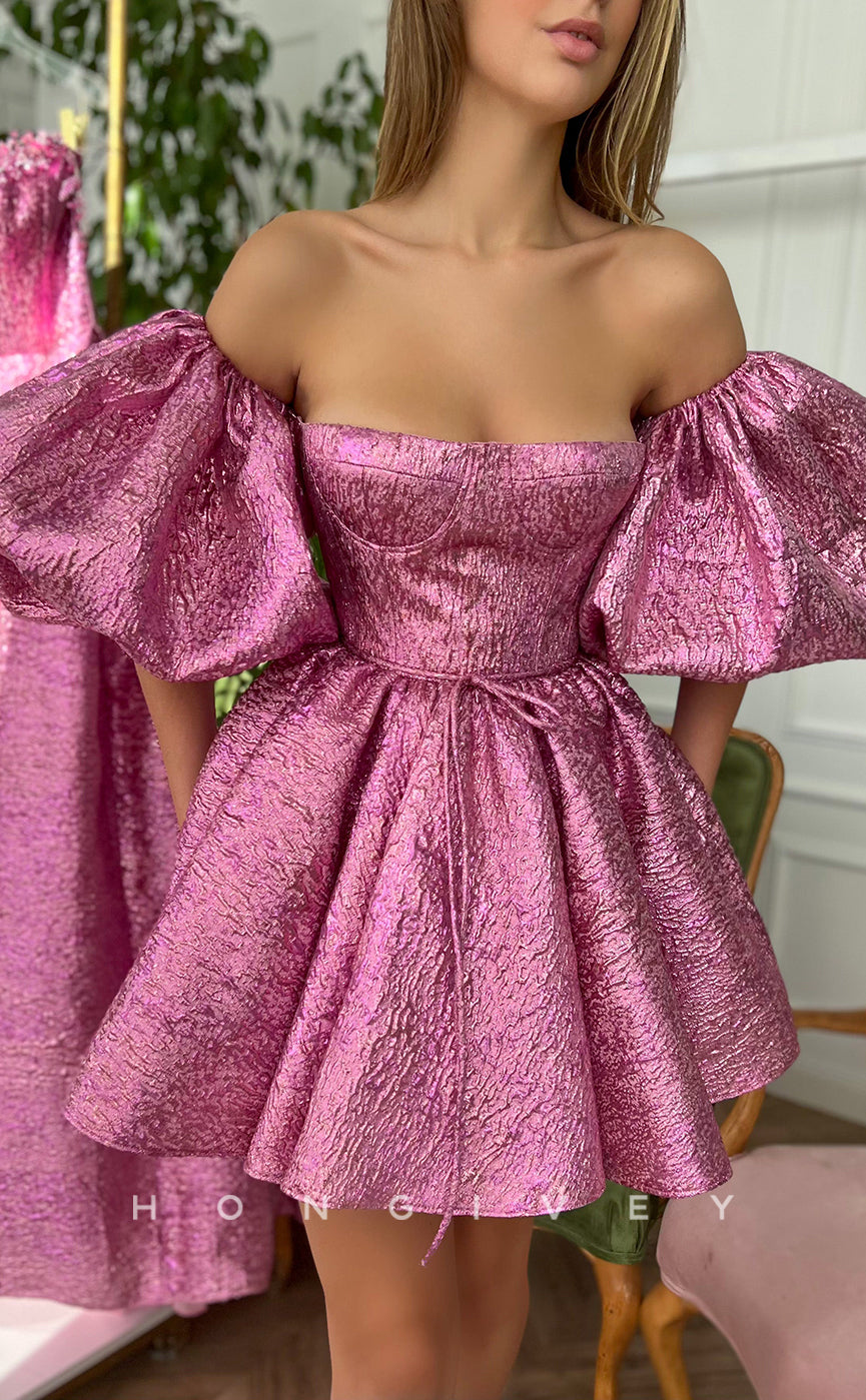 H1725 - Sweet Shiny Puff Sleeves Belt Short Graduation Party Homecoming Dress - Fashionpara