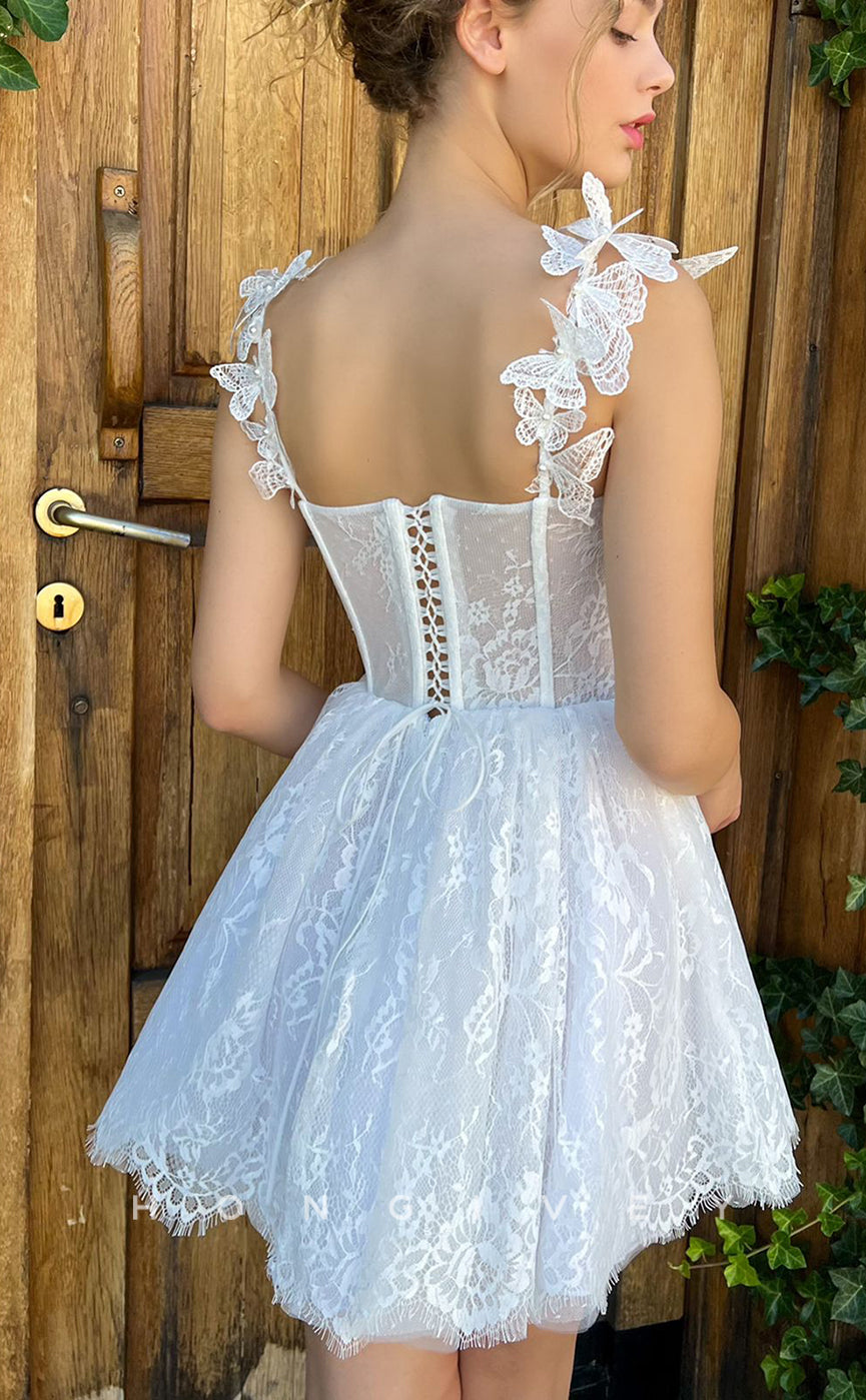 H1726 - Sweet Illusion Lace Butterfly Embossed Strappy Short Graduation  Homecoming Party Dress - Fashionpara