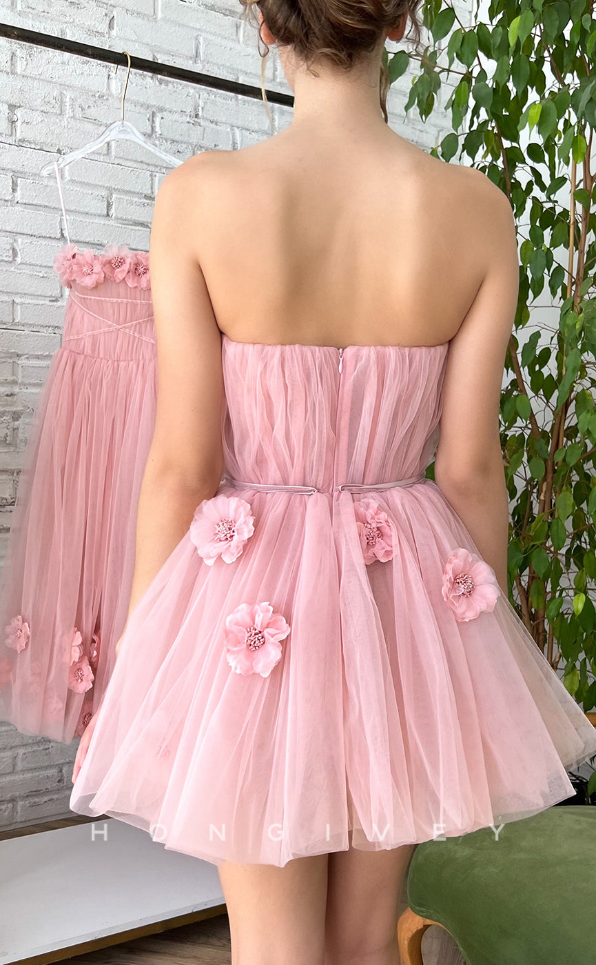 H1727 - Sweet Floral Embossed Strapless Lace-Up Short Graduation  Homecoming Party Dress - Fashionpara
