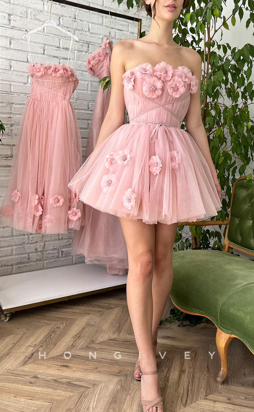H1727 - Sweet Floral Embossed Strapless Lace-Up Short Graduation  Homecoming Party Dress - Fashionpara