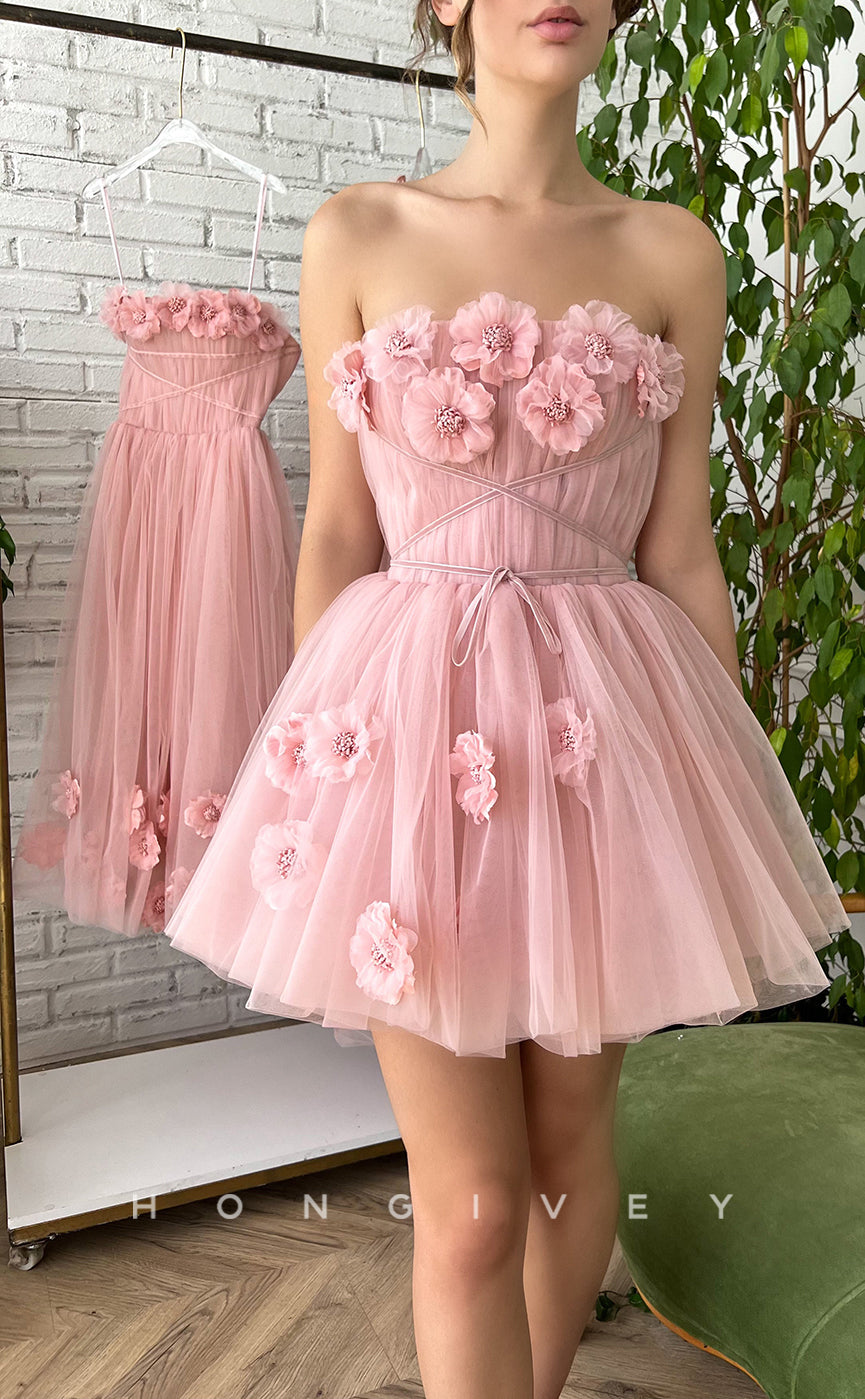 H1727 - Sweet Floral Embossed Strapless Lace-Up Short Graduation  Homecoming Party Dress - Fashionpara