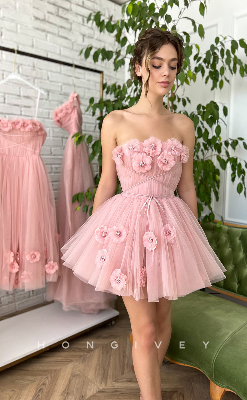 H1727 - Sweet Floral Embossed Strapless Lace-Up Short Graduation  Homecoming Party Dress - Fashionpara