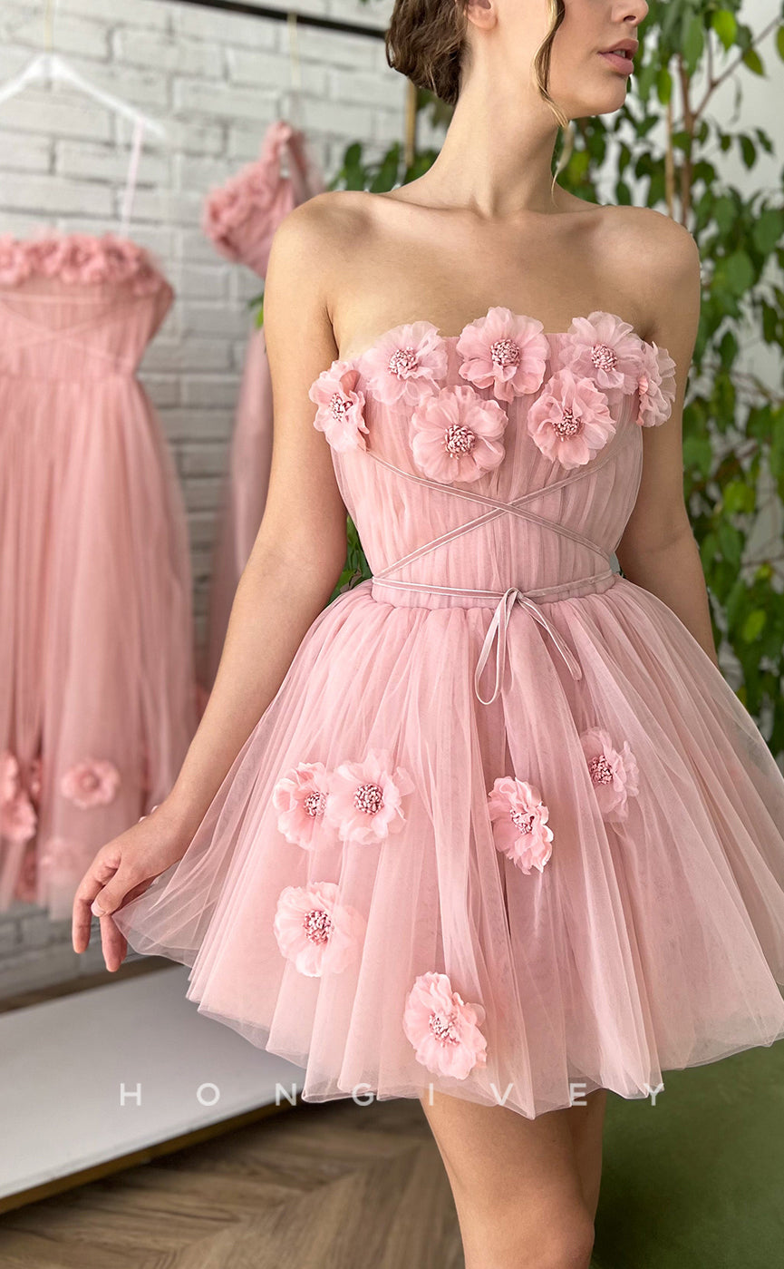 H1727 - Sweet Floral Embossed Strapless Lace-Up Short Graduation  Homecoming Party Dress - Fashionpara