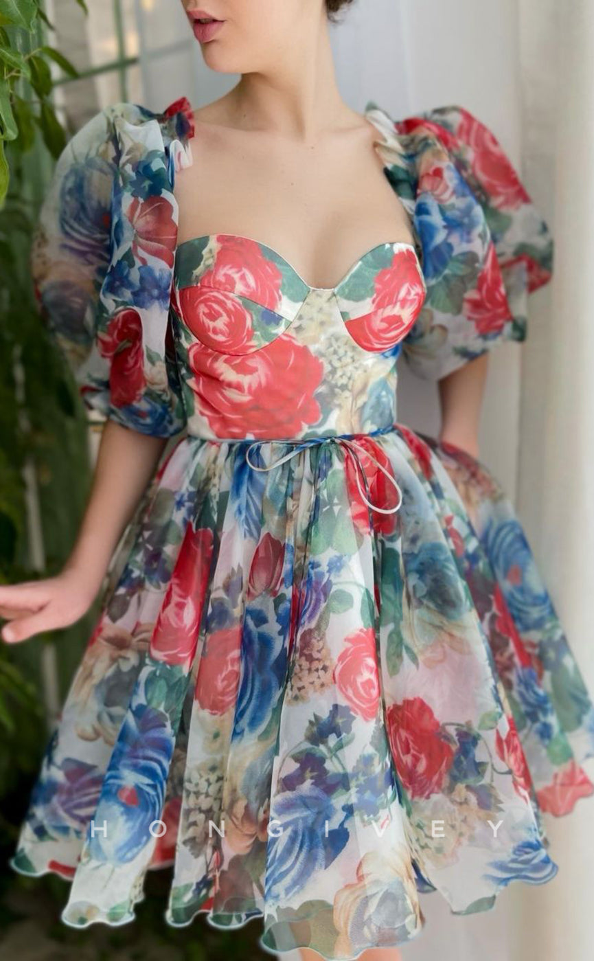 H1728 - Sweet Floral Pattern Lace-Up Puff Sleeves Short Graduation  Homecoming Party Dress - Fashionpara