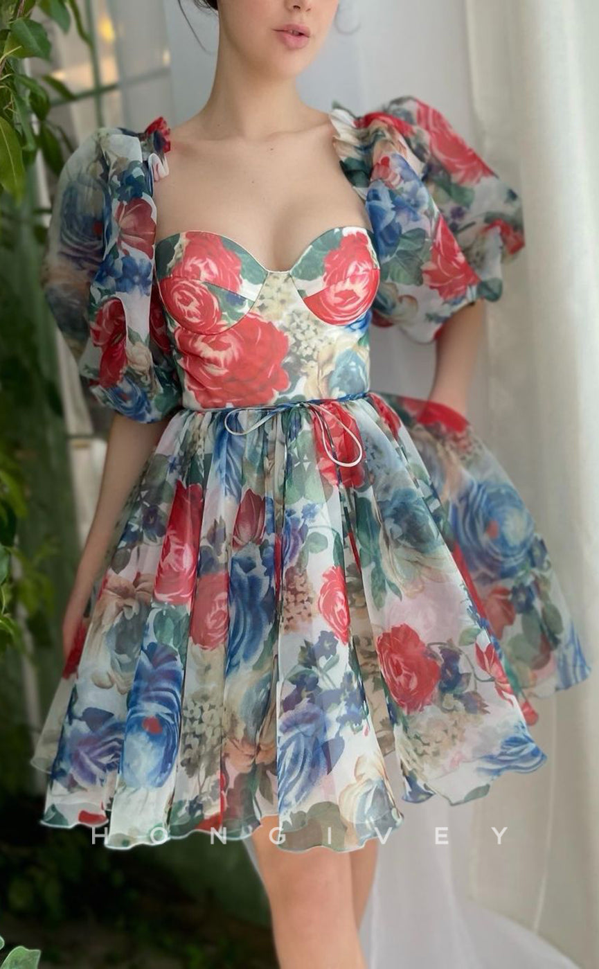 H1728 - Sweet Floral Pattern Lace-Up Puff Sleeves Short Graduation  Homecoming Party Dress - Fashionpara