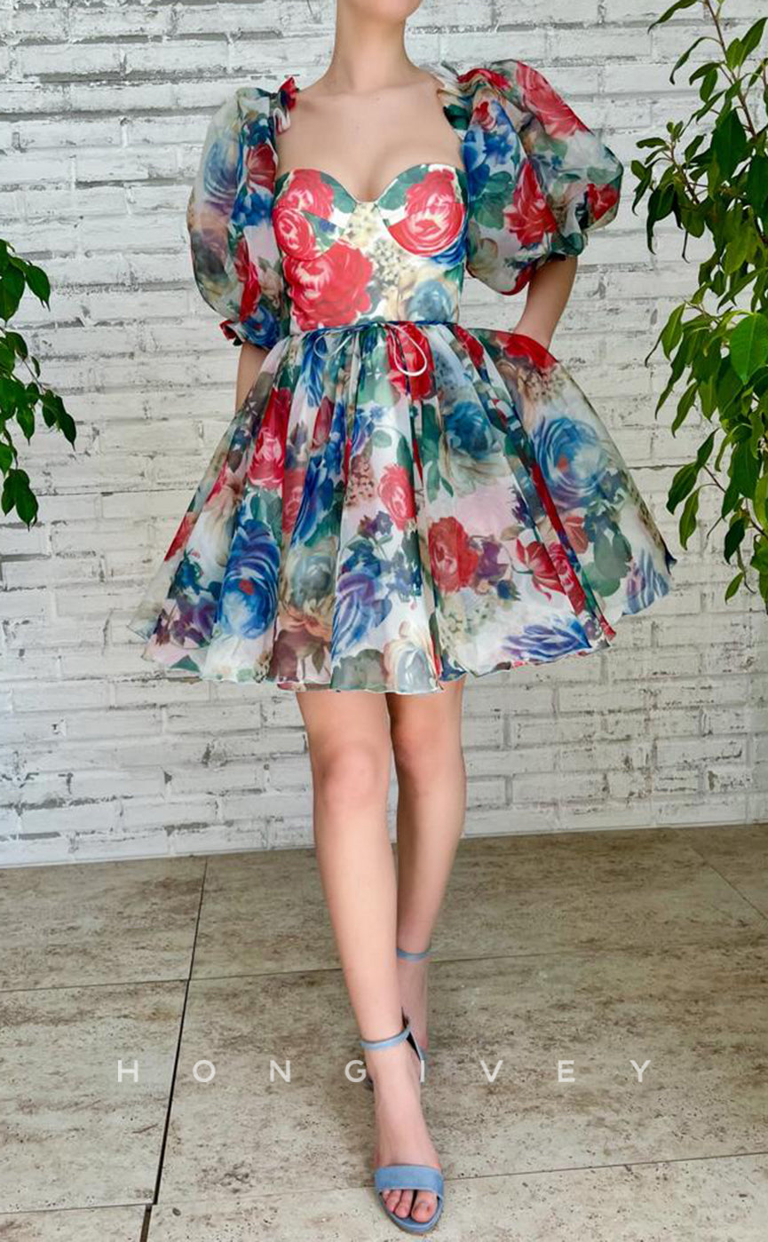 H1728 - Sweet Floral Pattern Lace-Up Puff Sleeves Short Graduation  Homecoming Party Dress - Fashionpara