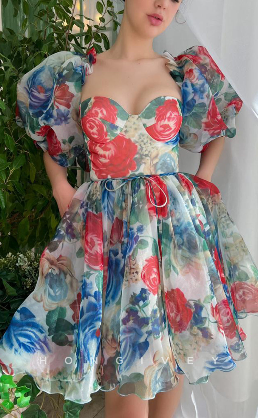 H1728 - Sweet Floral Pattern Lace-Up Puff Sleeves Short Graduation  Homecoming Party Dress - Fashionpara