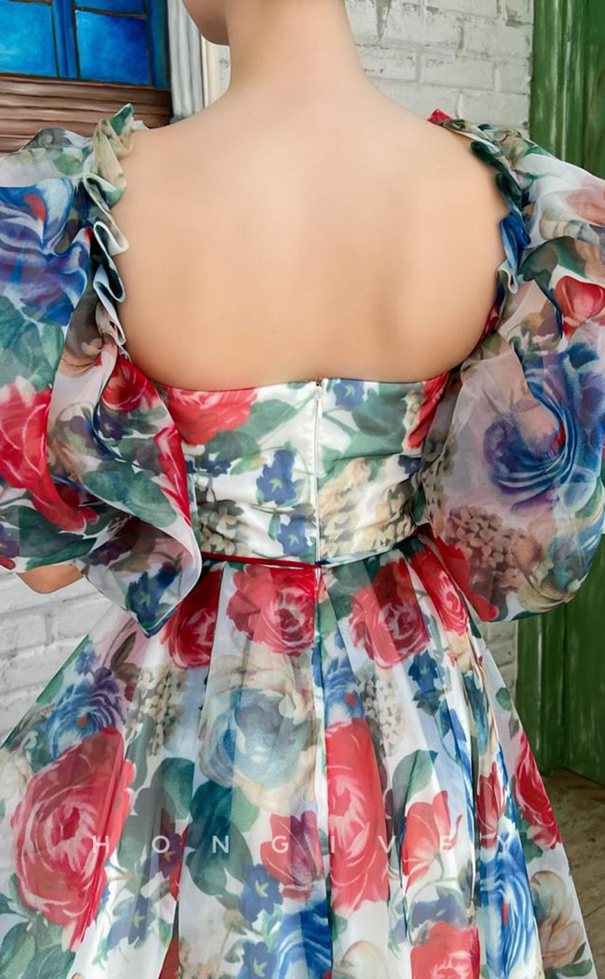 H1728 - Sweet Floral Pattern Lace-Up Puff Sleeves Short Graduation  Homecoming Party Dress - Fashionpara