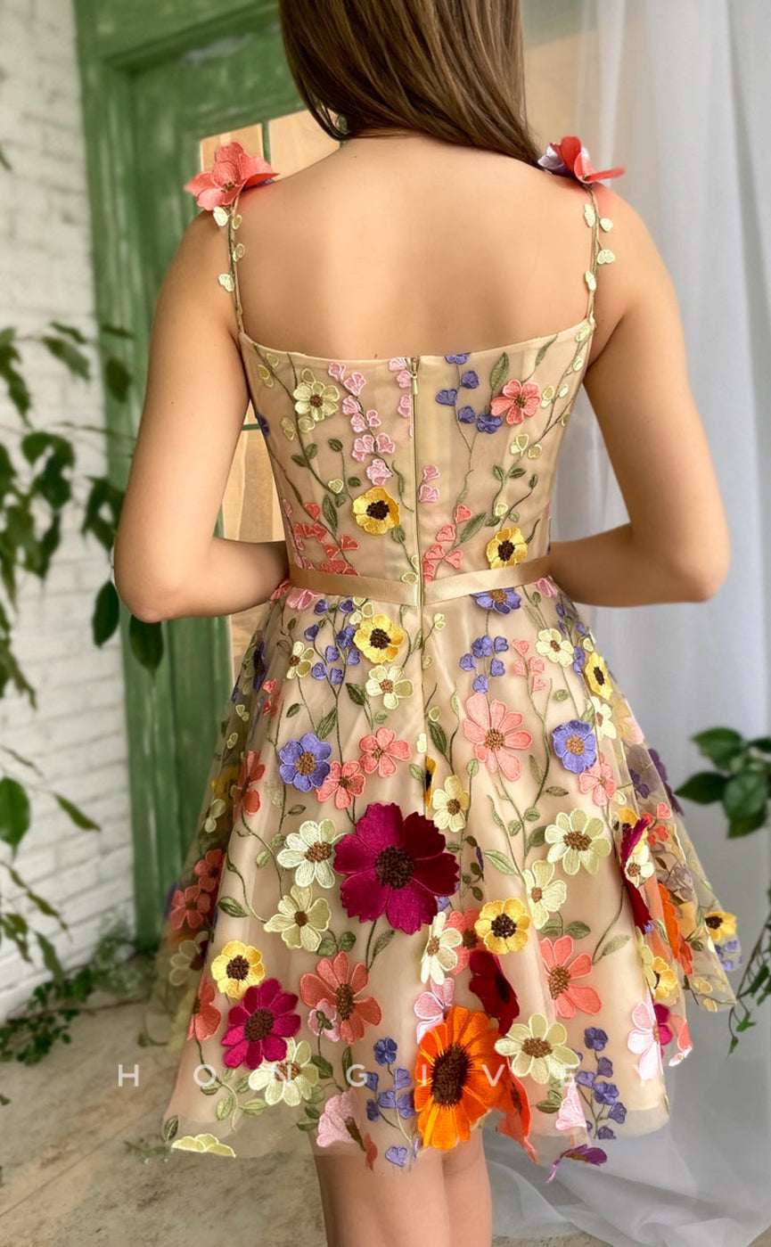 H1729 - Sweet Fully Floral Embossed Strappy Short Graduation Homecoming Party Dress - Fashionpara