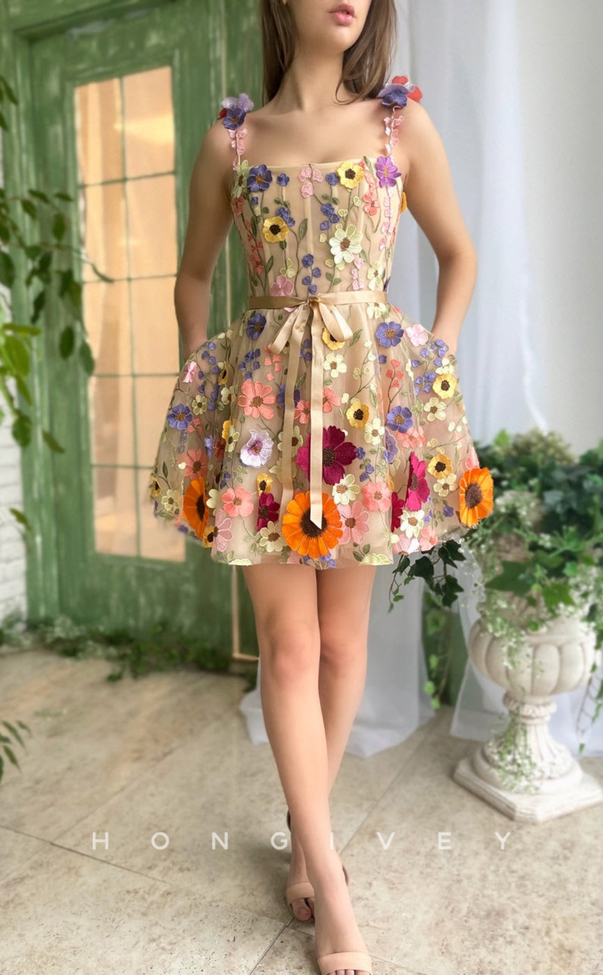 H1729 - Sweet Fully Floral Embossed Strappy Short Graduation Homecoming Party Dress - Fashionpara