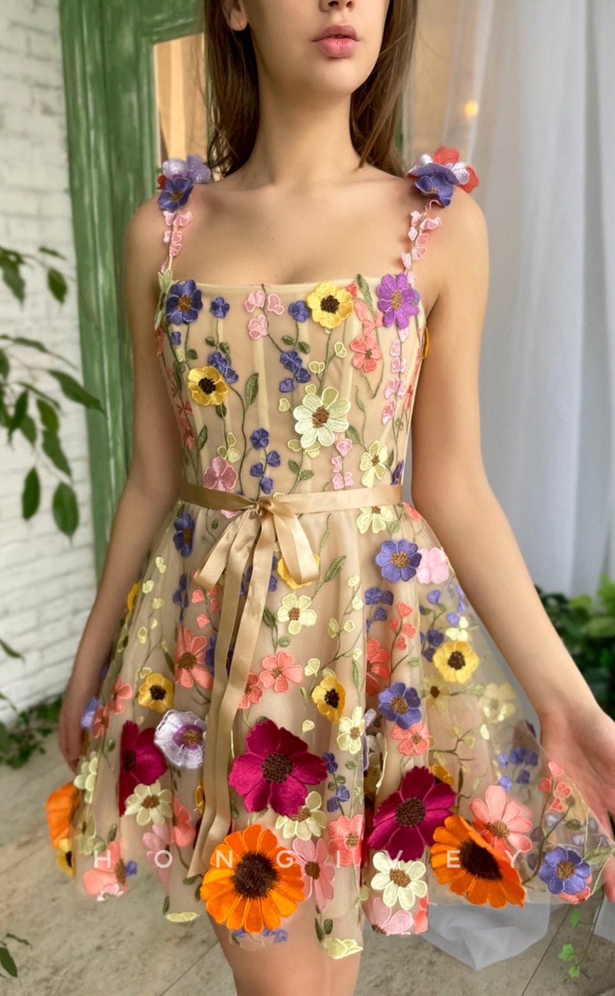 H1729 - Sweet Fully Floral Embossed Strappy Short Graduation Homecoming Party Dress - Fashionpara