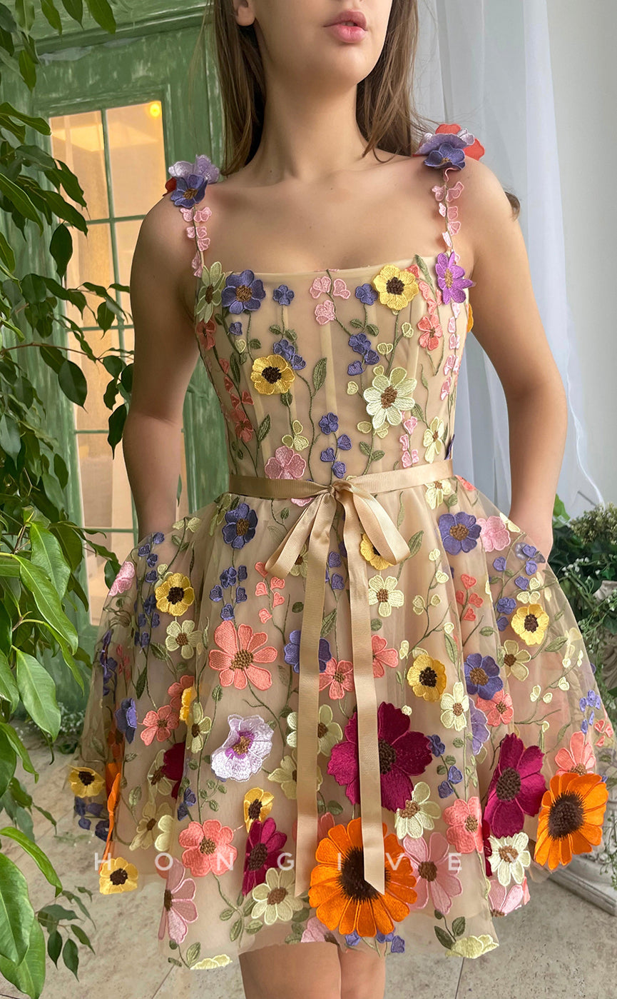 H1729 - Sweet Fully Floral Embossed Strappy Short Graduation Homecoming Party Dress - Fashionpara