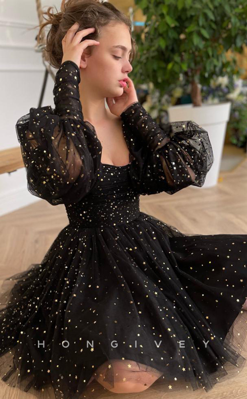 H1730 - Sheer Fully Star Print Long Sleeves Short Graduation Party Homecoming Dress - Fashionpara