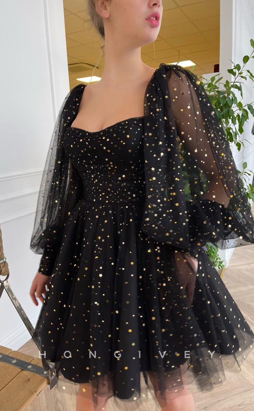 H1730 - Sheer Fully Star Print Long Sleeves Short Graduation Party Homecoming Dress - Fashionpara