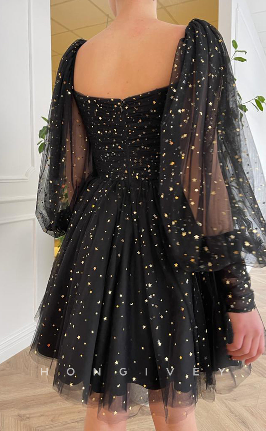 H1730 - Sheer Fully Star Print Long Sleeves Short Graduation Party Homecoming Dress - Fashionpara