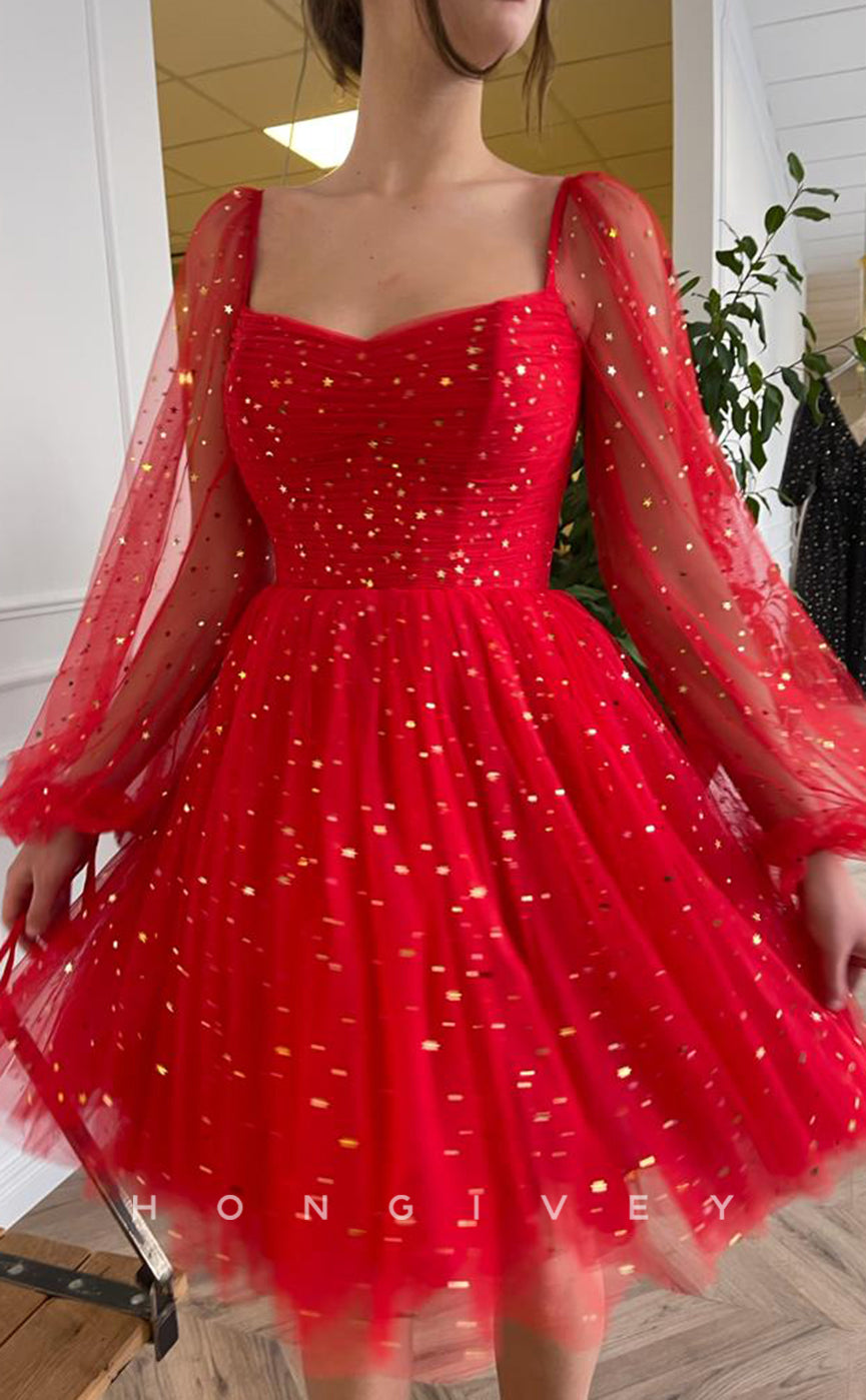 H1731 - Illusion Fully Star Print Long Sleeves Short Party Homecoming Graduation Dress - Fashionpara