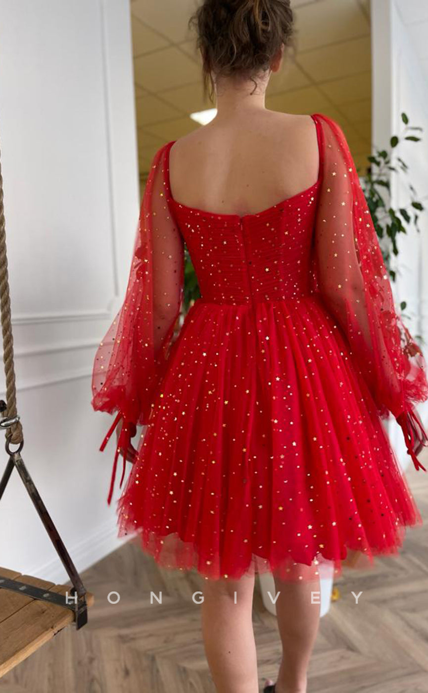 H1731 - Illusion Fully Star Print Long Sleeves Short Party Homecoming Graduation Dress - Fashionpara