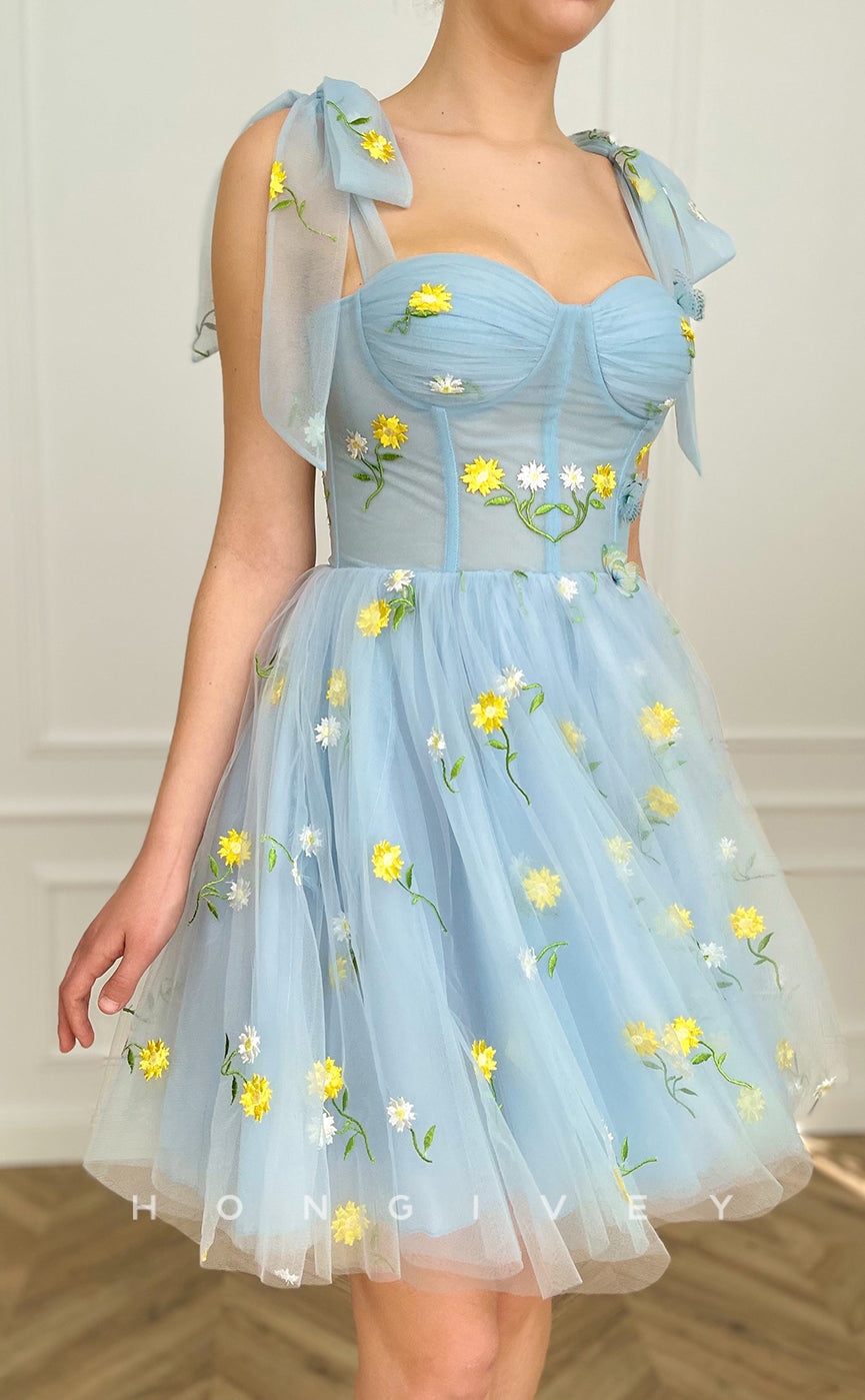 H1732 - Sheer Fully Floral Embroidered With Bow Detail Short Party Homecoming Graduation Dress - Fashionpara