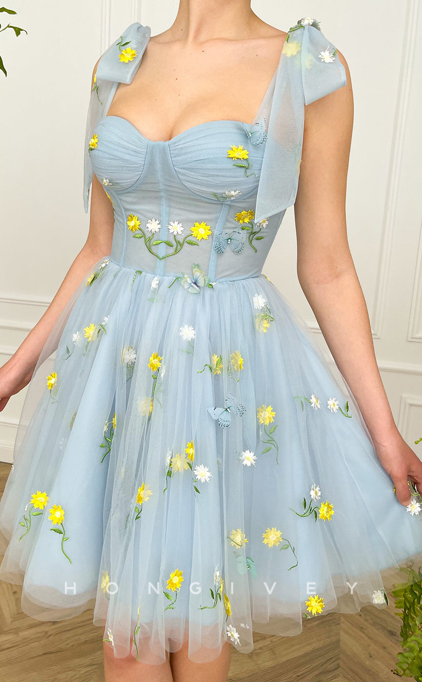 H1732 - Sheer Fully Floral Embroidered With Bow Detail Short Party Homecoming Graduation Dress - Fashionpara