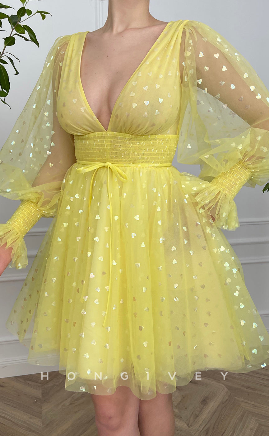 H1733 - Sheer Fully Love Print Strappy Deep V-Neck Short Party Homecoming Graduation Dress - Fashionpara