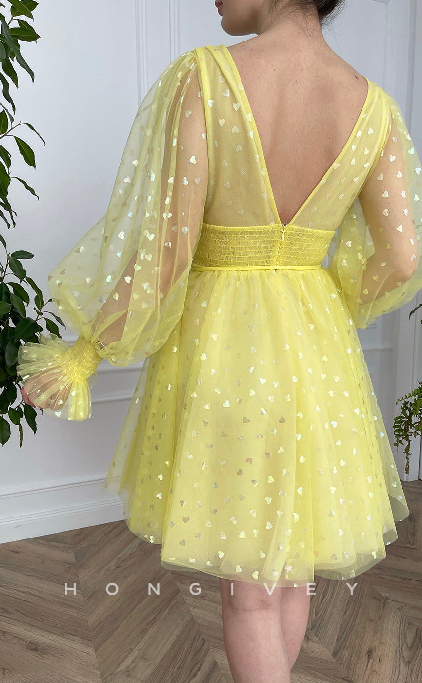 H1733 - Sheer Fully Love Print Strappy Deep V-Neck Short Party Homecoming Graduation Dress - Fashionpara